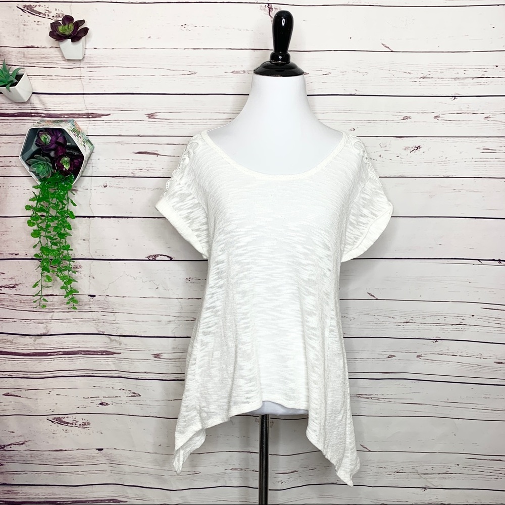 Almost Famous White Crochet Sleeve Flared Hem Knit Burnout Top Size Small